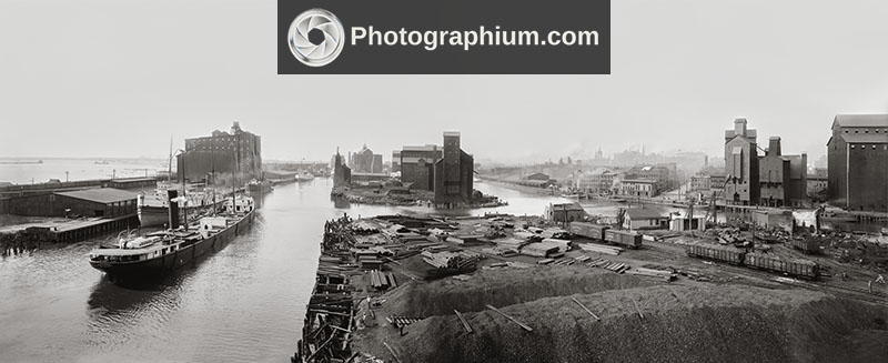 Panorama of creek and elevators. Buffalo, New York