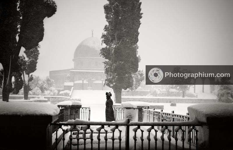 Dome of the Rock during a snowy winter. Jerusalem