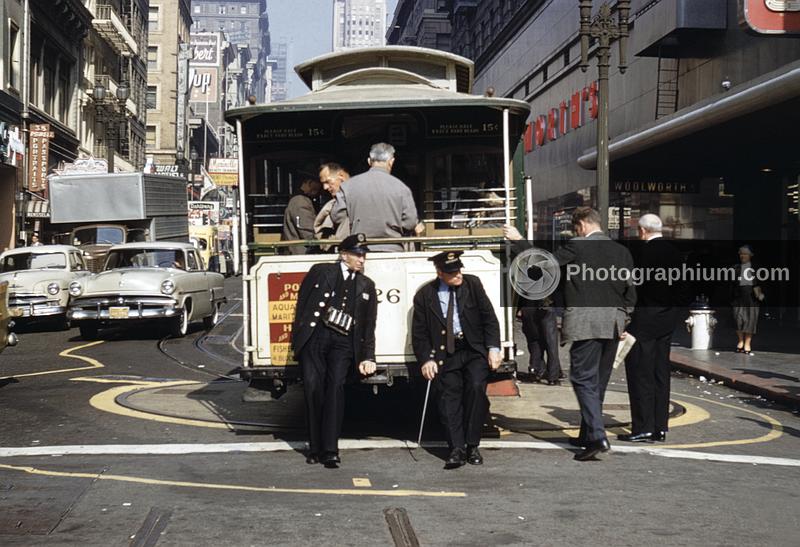Cablecar pushed back on track again. San Francisco, California. 1960