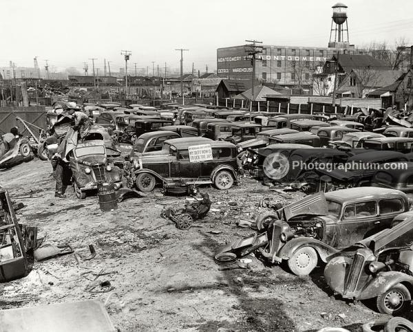 Auto graveyard. Junked autos and trucks. Detroit, Michigan. 1941-1942