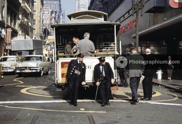 Cablecar pushed back on track again. San Francisco, California. 1960